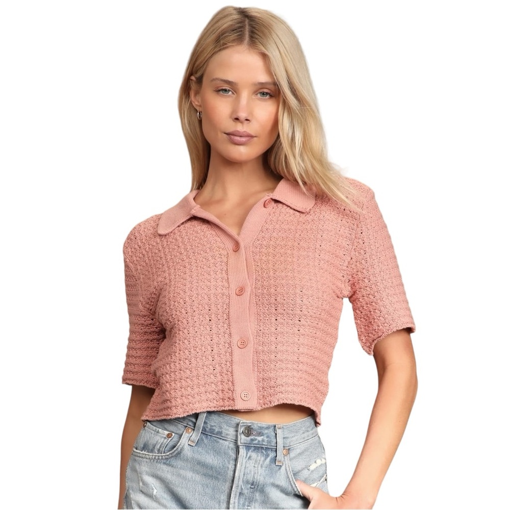 Lulus Essential Beauty Blush Button-Up Short Sleeve Cardigan Sweater Sz M
